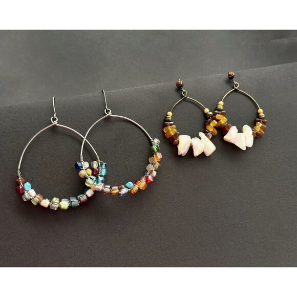Multicolor Beaded Earrings & Agate Carnelian Boho style hoop earrings set of 2 - Picture 1 of 7